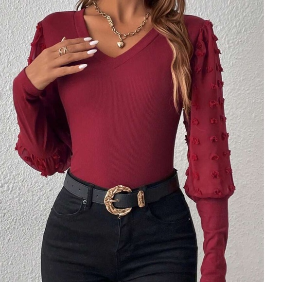 Fitted V neck Swiss Dot Puff Sleeve Top - Picture 5 of 10